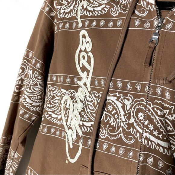 Vintage Y2K Ed Hardy Brown Cream Tiger Paisley Bandana Print Stripe Zip Hoodie M - Picture 7 of 15